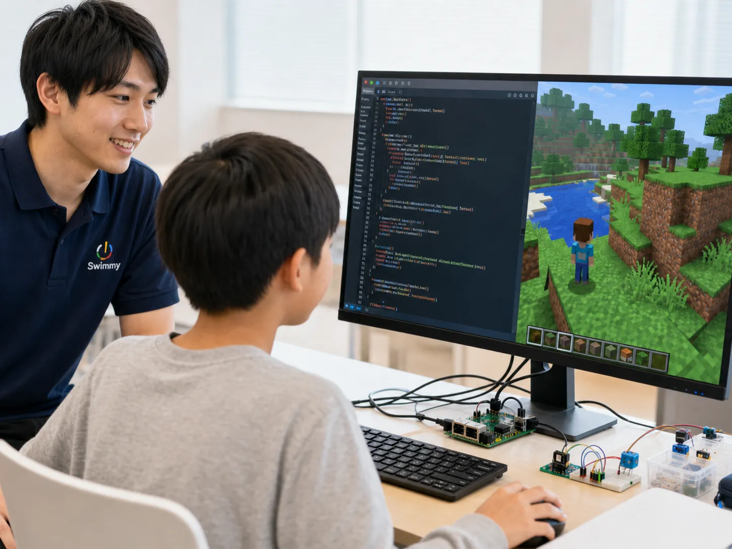 Raspberry Piと27インチモニターでPythonを学ぶ様子
