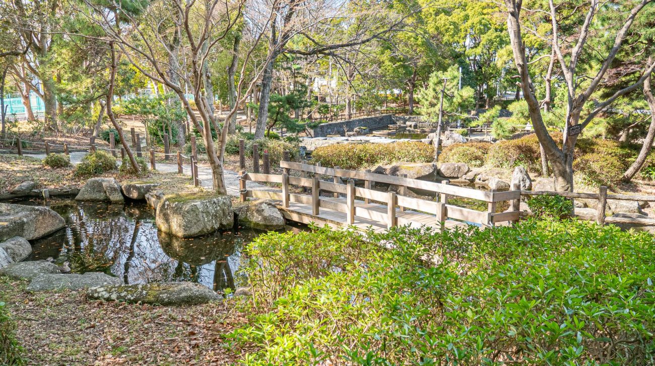 行田公園の日本庭園の池と木の橋、緑の木々（千葉県船橋市、2026年撮影）