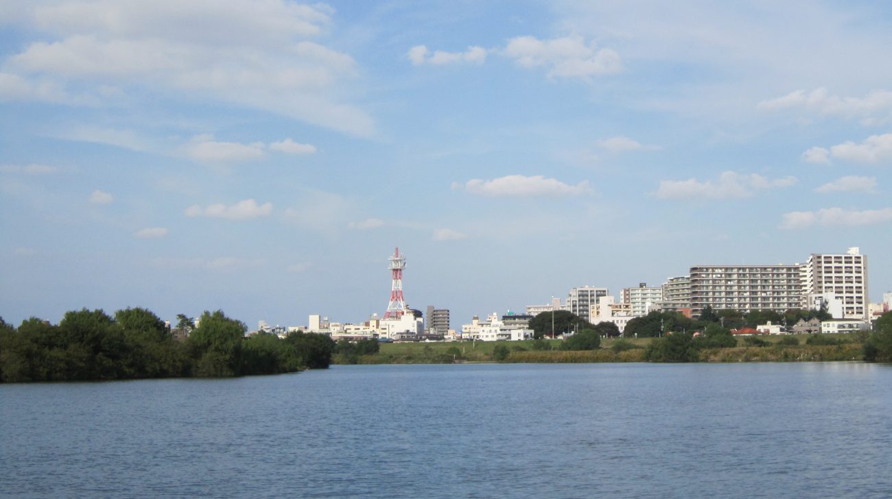 江戸川の水面と対岸に広がる松戸の街並み（千葉県松戸市、2010年撮影）