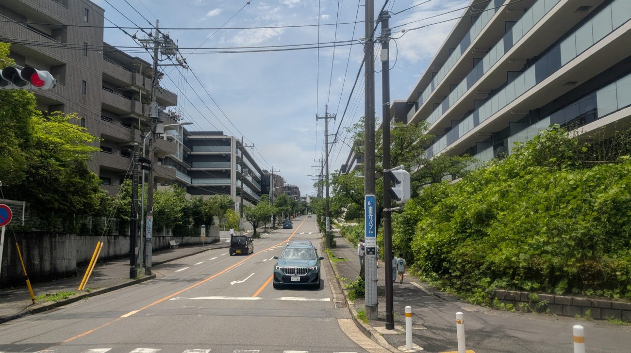 青葉台から桜台へ続く通りと、沿道のマンションと緑(横浜市青葉区、2025年撮影)